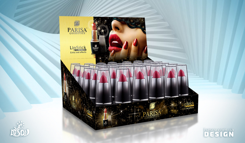 Упаковка шоубокс губної помади Parisa cosmetics розробка дизайнів.