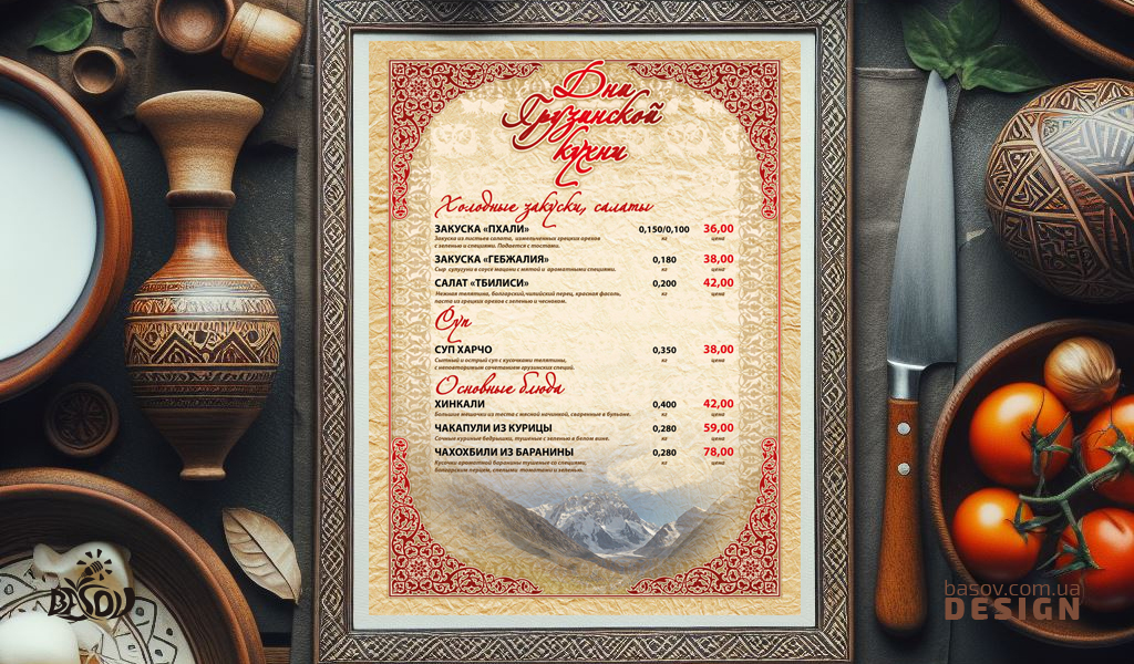 Листівка меню дні грузинської кухні для ресторану розробка дизайну