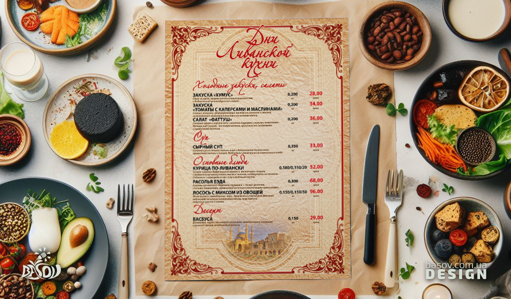 Листівка меню дні ліванської кухні для ресторану розробка дизайну