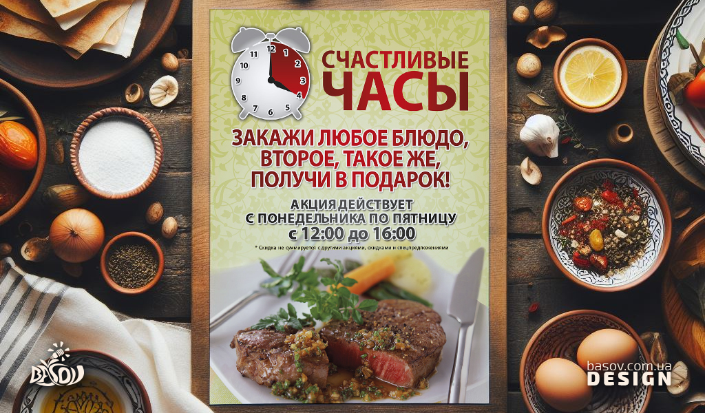 Рекламна листівка для ресторану щасливі години розробка дизайну