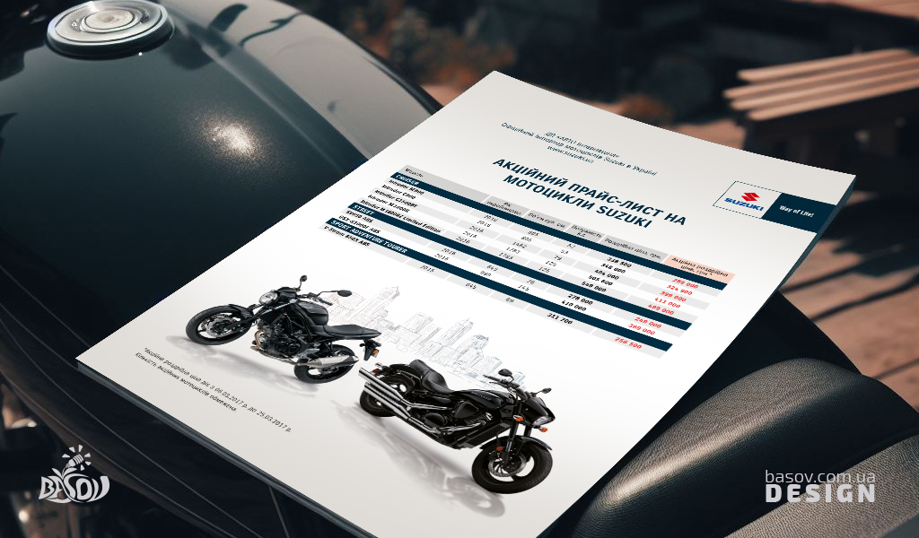 Рекламна двостороння листівка мотоцикли Suzuki розробка дизайну